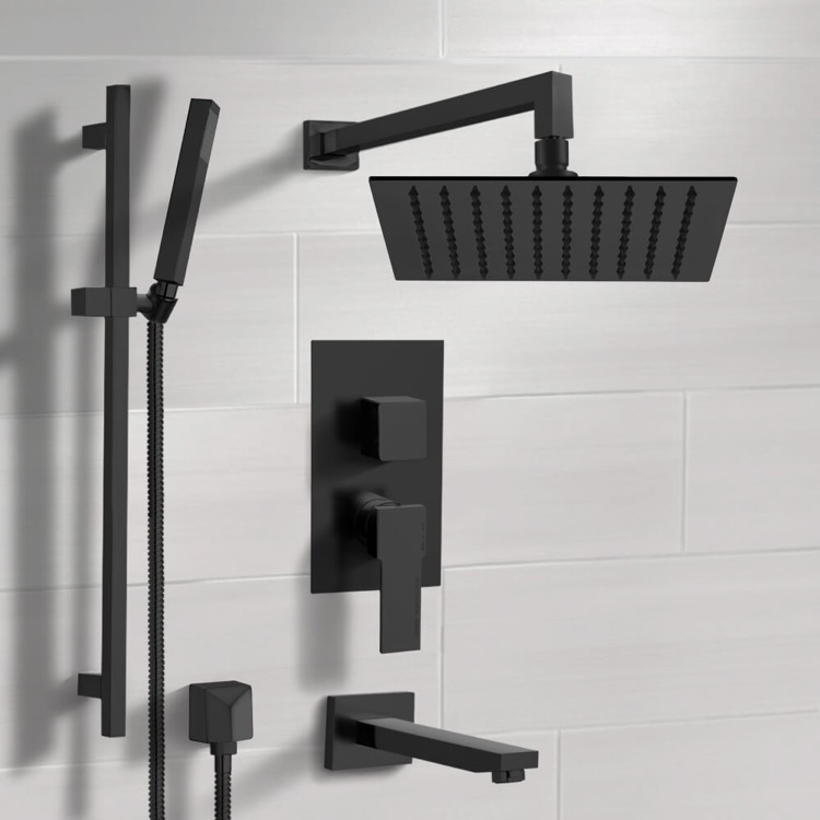 Remer TSR35-10 Matte Black Tub and Shower Faucet with 10 Inch Rain Shower Head and Hand Shower